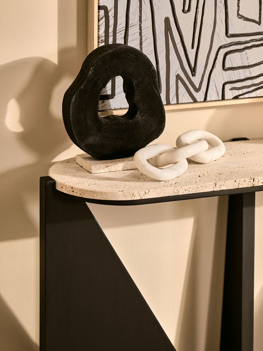 Winton Cream Travertine and Black Finish Acacia Wood Console Table
