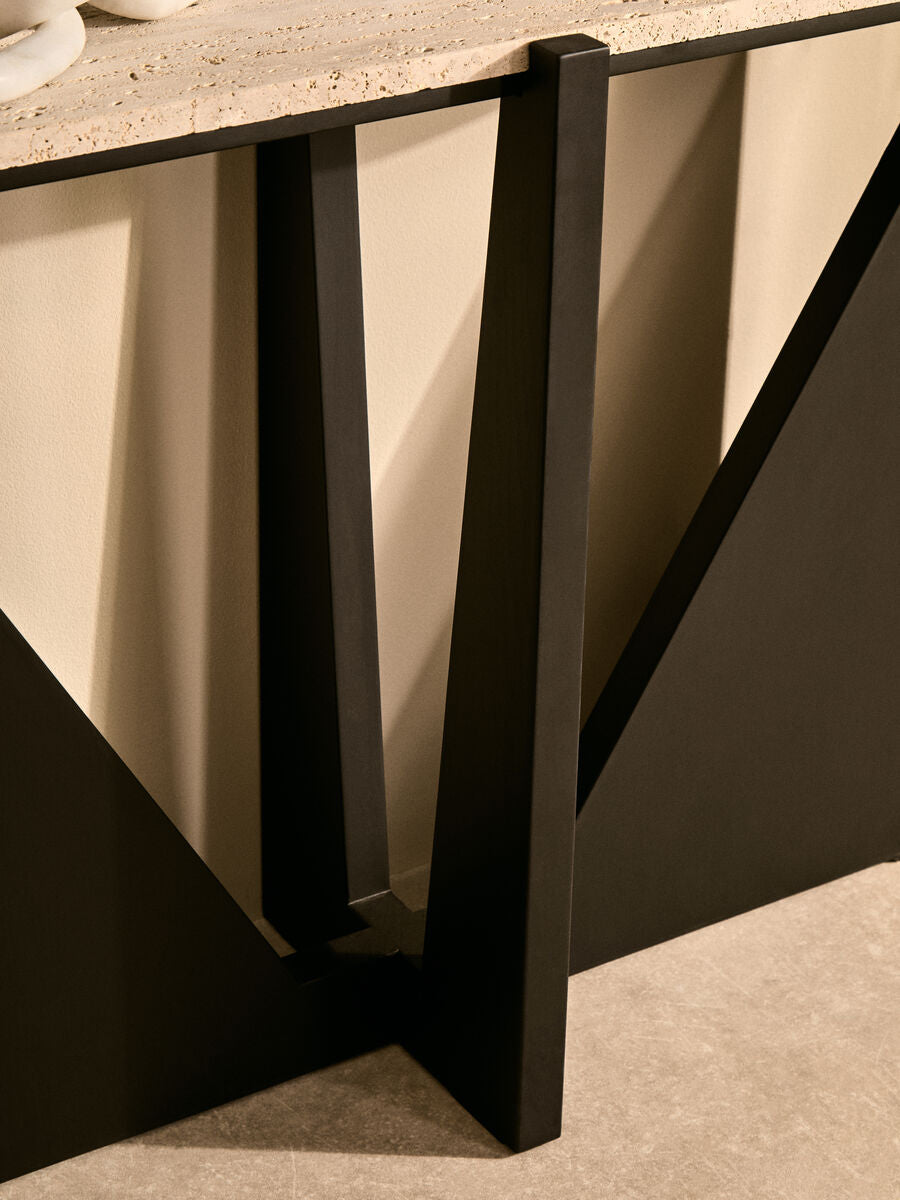 Winton Cream Travertine and Black Finish Acacia Wood Console Table
