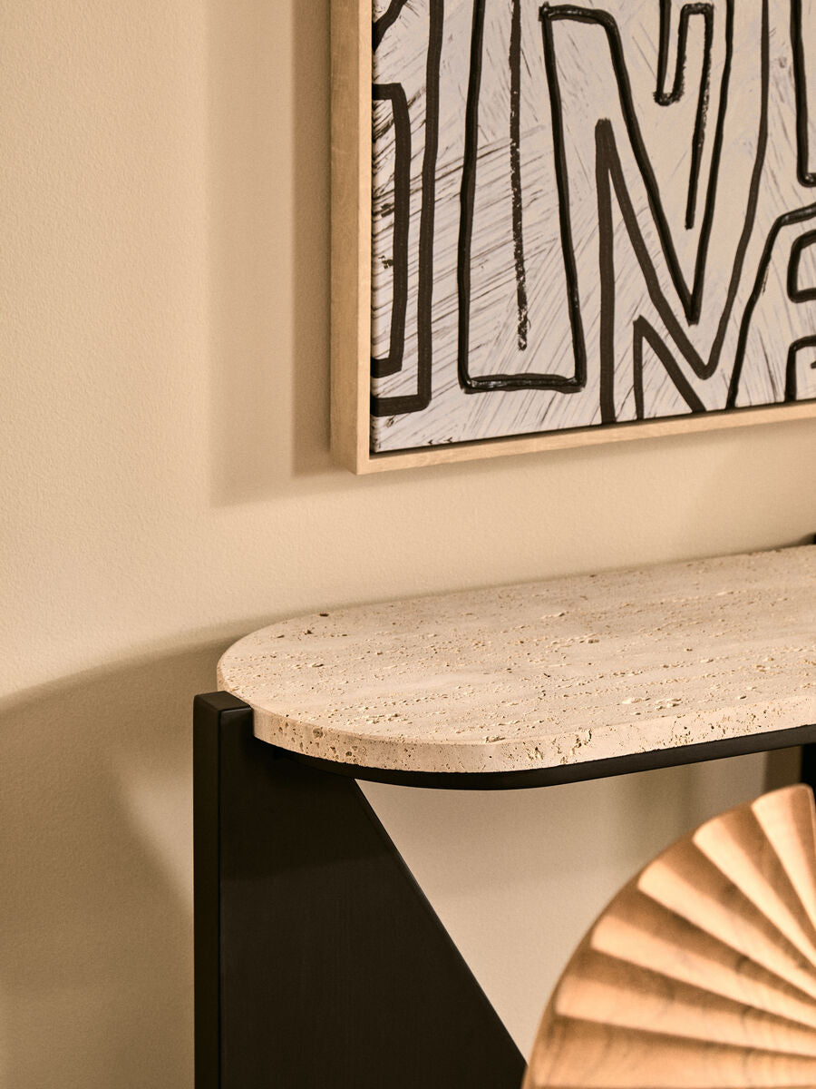 Winton Cream Travertine and Black Finish Acacia Wood Console Table