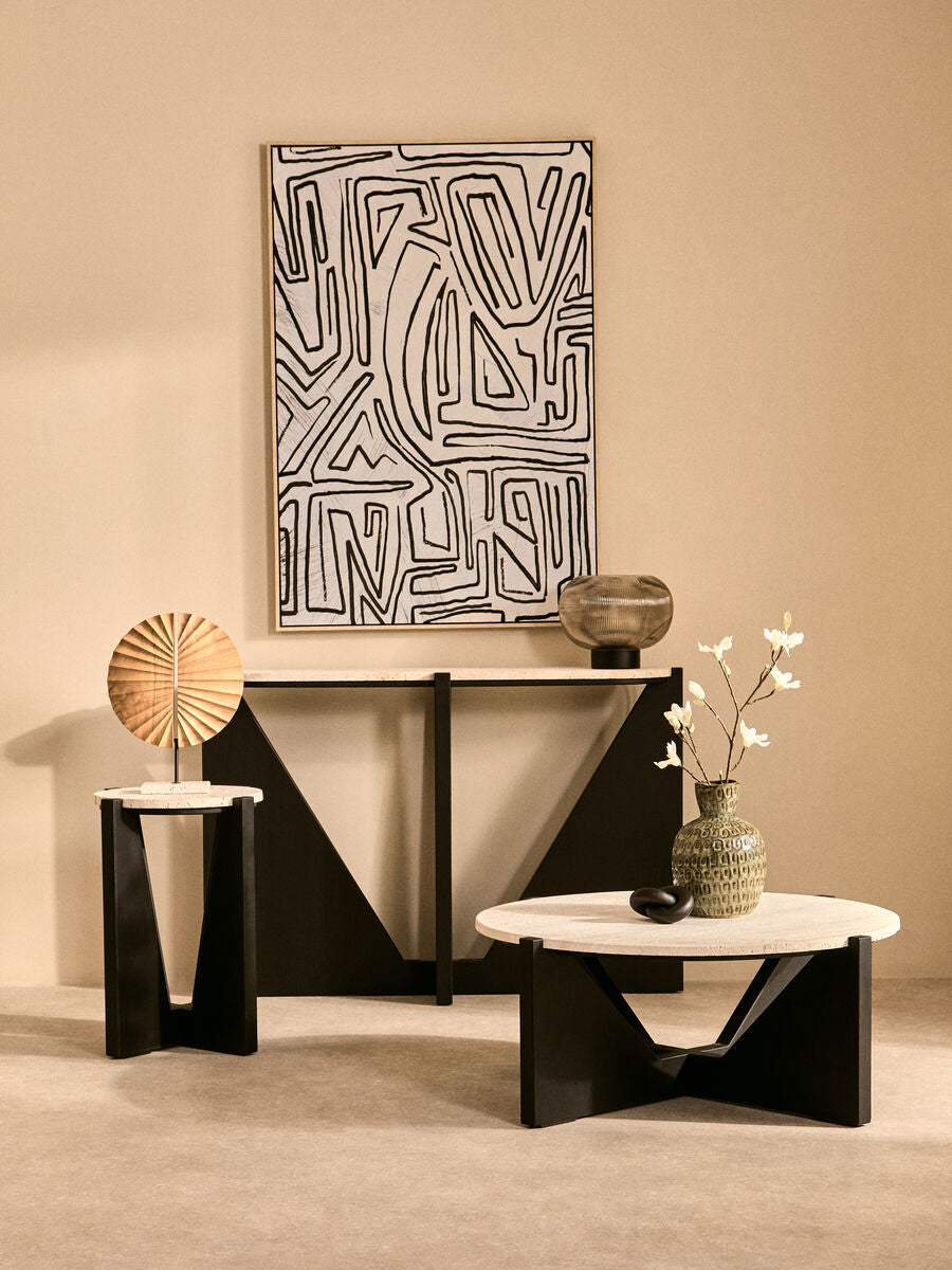 Winton Cream Travertine and Black Finish Acacia Wood Console Table