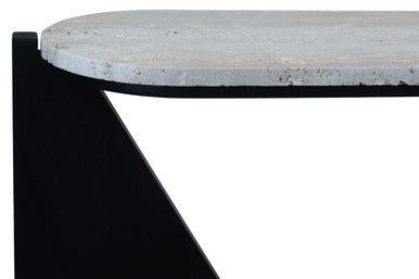 Winton Travertine Top Console Table With Black Acacia Wood Frame