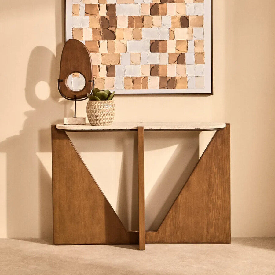 Cream Travertine Top Console Table with Brown Acacia Wood Frame, Walton