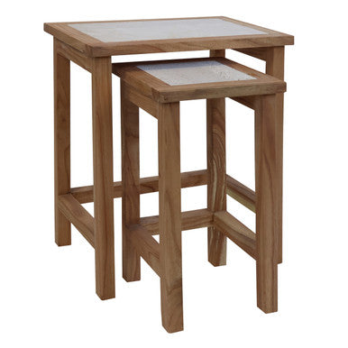 Womad Small Set Of 2 Wooden Side Tables With Travertine Tops - Image 3