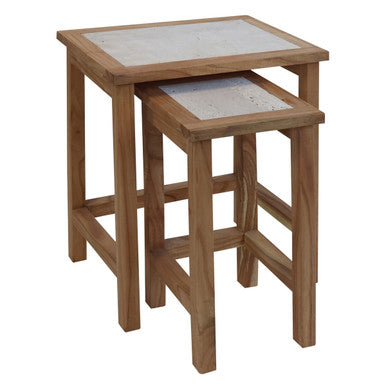 Womad Small Set Of 2 Wooden Side Tables With Travertine Tops - Image 4
