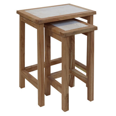 Womad Small Set Of 2 Wooden Side Tables With Travertine Tops - Image 1