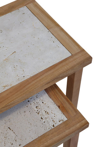 Womad Small Set Of 2 Wooden Side Tables With Travertine Tops