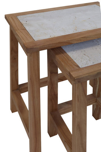 Womad Small Set Of 2 Wooden Side Tables With Travertine Tops