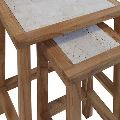 Womad Small Set Of 2 Wooden Side Tables With Travertine Tops - Image 2