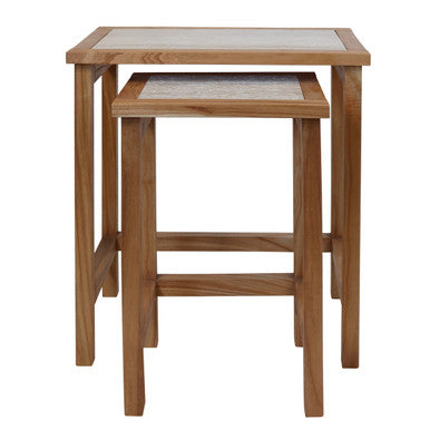 Womad Large Set Of 2 Wooden Side Tables With Travertine Tops - Image 1