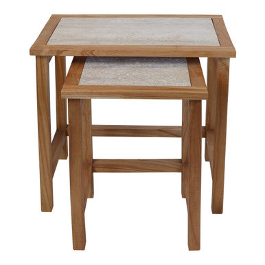 Womad Large Set Of 2 Wooden Side Tables With Travertine Tops - Image 3