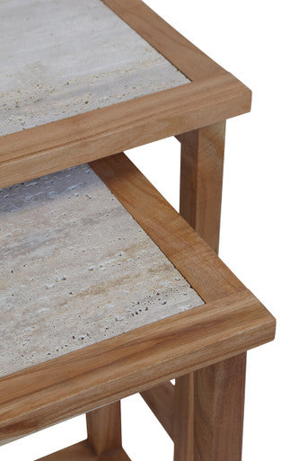 Womad Large Set Of 2 Wooden Side Tables With Travertine Tops - Image 6