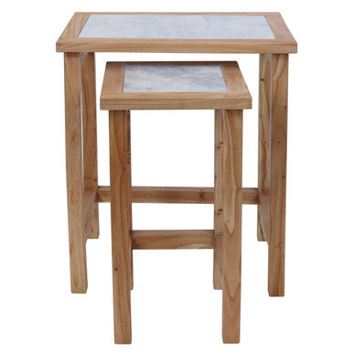 Womad Small Set Of 2 Wooden Side Tables With White Marble Tops - Image 1