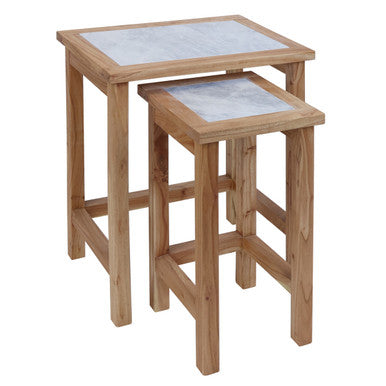 Womad Small Set Of 2 Wooden Side Tables With White Marble Tops - Image 6