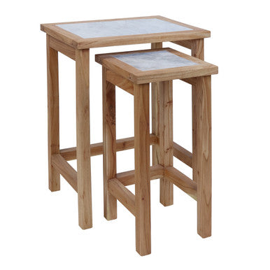 Womad Small Set Of 2 Wooden Side Tables With White Marble Tops - Image 2