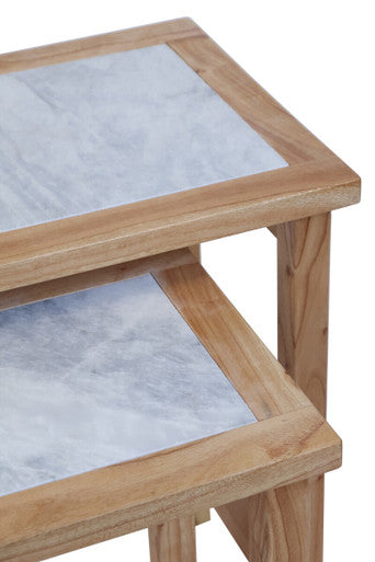 Womad Small Set Of 2 Wooden Side Tables With White Marble Tops - Image 4