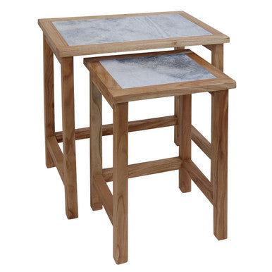 Womad Large Set Of 2 Wooden Side Tables With White Marble Tops - Image 4