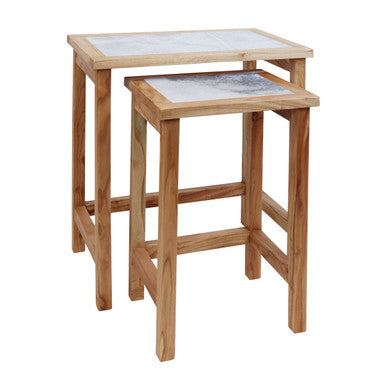 Womad Large Set Of 2 Wooden Side Tables With White Marble Tops - Image 1