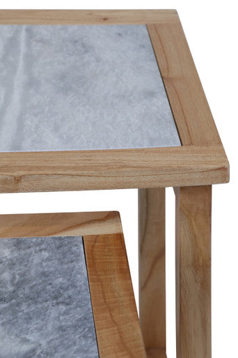 Womad Large Set Of 2 Wooden Side Tables With White Marble Tops - Image 3