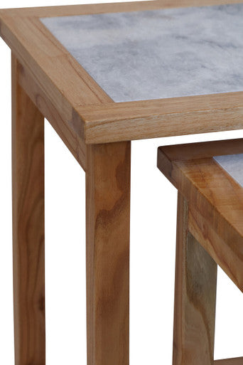 Womad Large Set Of 2 Wooden Side Tables With White Marble Tops - Image 2
