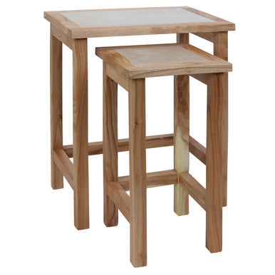 Womad Small Set Of 2 Wooden Side Tables With Cream Marble Tops - Image 2