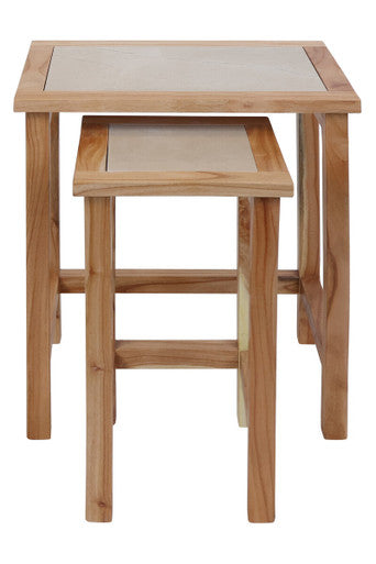 Womad Small Set Of 2 Wooden Side Tables With Cream Marble Tops - Image 1
