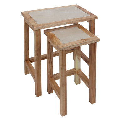 Womad Small Set Of 2 Wooden Side Tables With Cream Marble Tops - Image 5