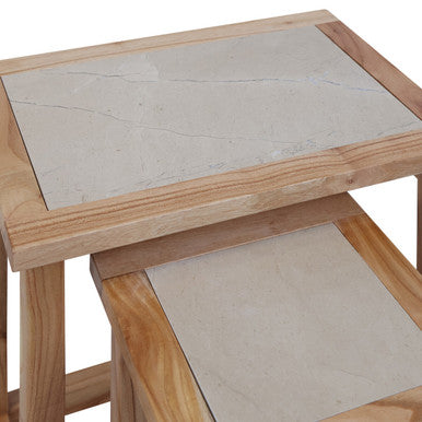 Womad Small Set Of 2 Wooden Side Tables With Cream Marble Tops - Image 8