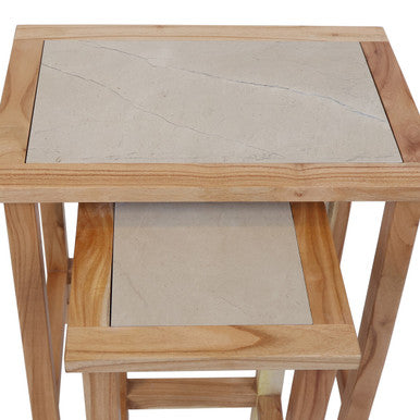 Womad Small Set Of 2 Wooden Side Tables With Cream Marble Tops - Image 9