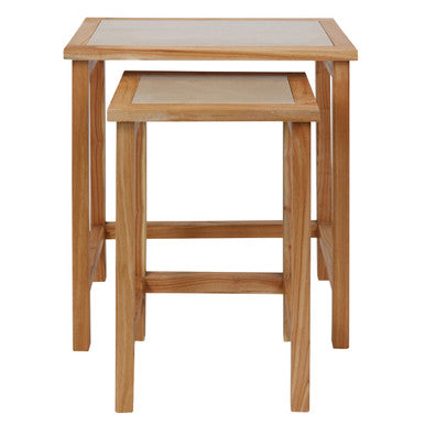 Womad Large Set Of 2 Wooden Side Tables With Cream Marble Tops - Image 3