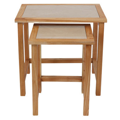 Womad Large Set Of 2 Wooden Side Tables With Cream Marble Tops
