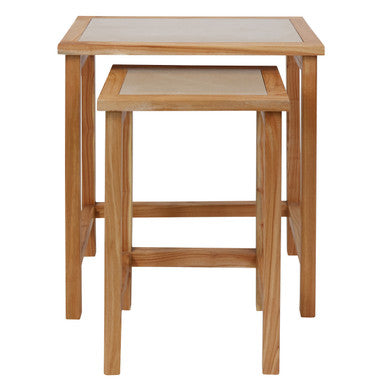 Womad Large Set Of 2 Wooden Side Tables With Cream Marble Tops - Image 1