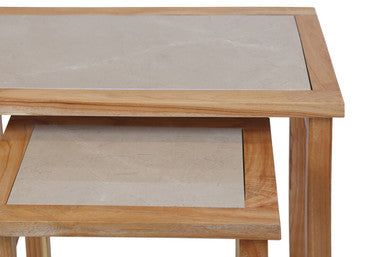 Womad Large Set Of 2 Wooden Side Tables With Cream Marble Tops - Image 6