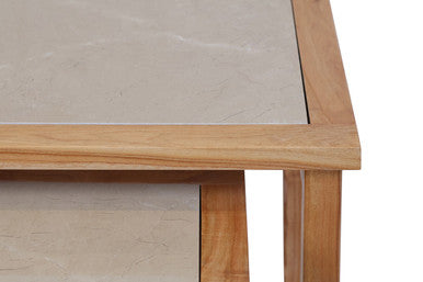 Womad Large Set Of 2 Wooden Side Tables With Cream Marble Tops - Image 7