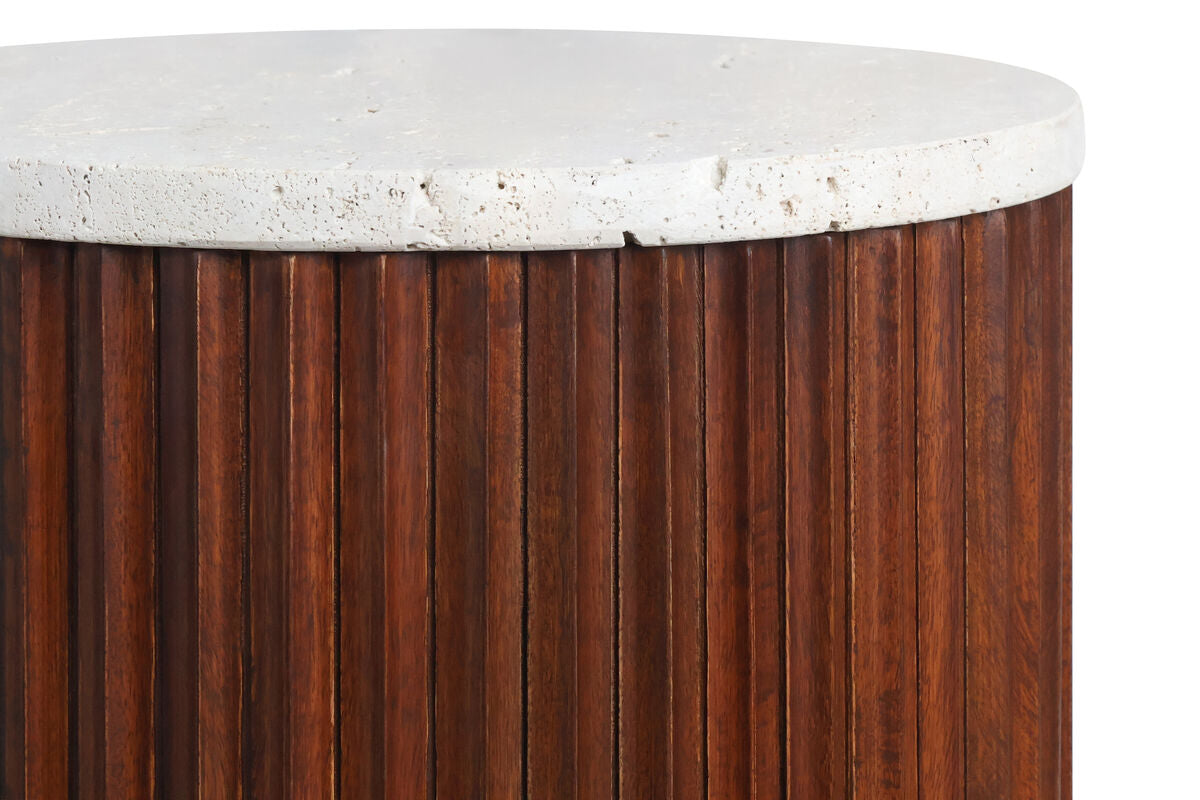 Small Travertine Top Brown Ridge Mango Wood Base Side Table | Matros