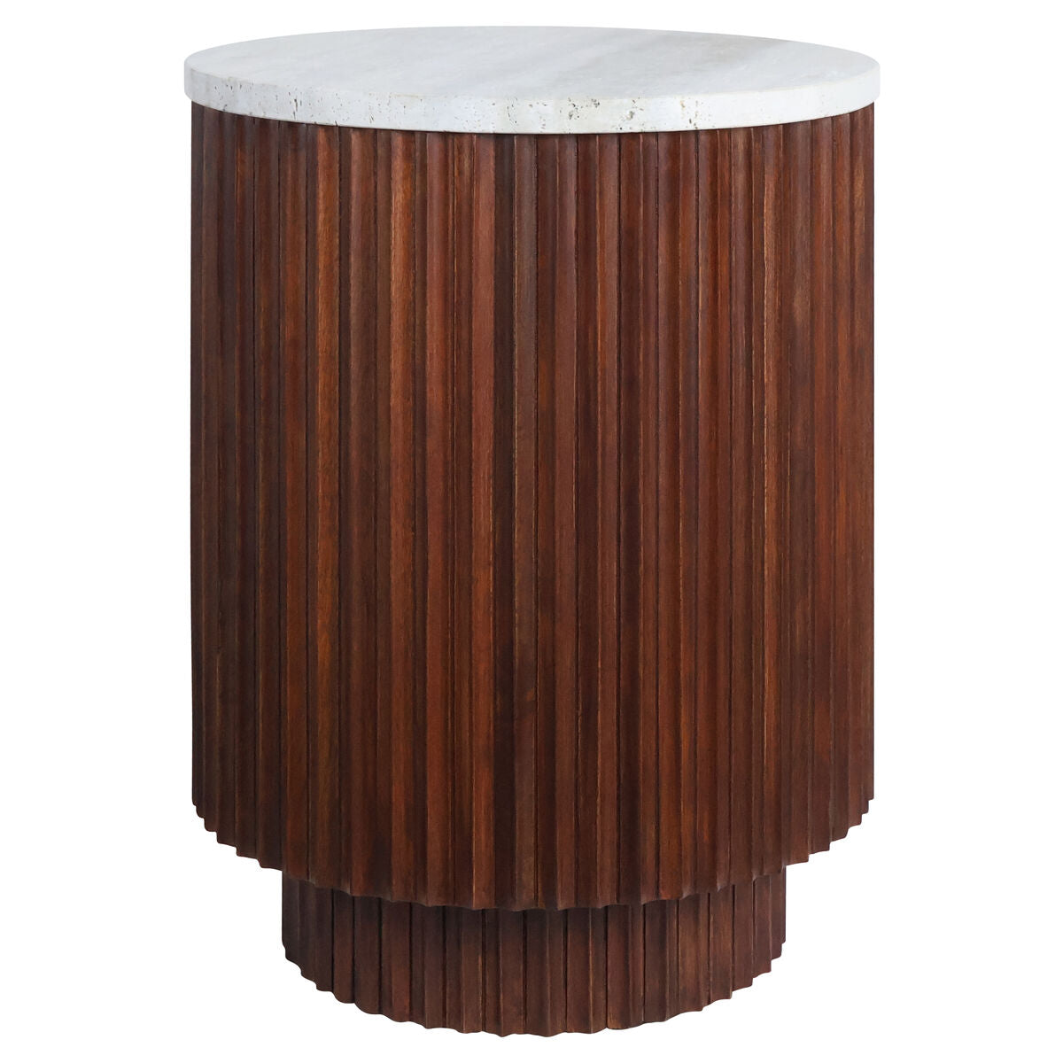 Large Travertine Top Brown Ridge Mango Wood Base Side Table | Matros