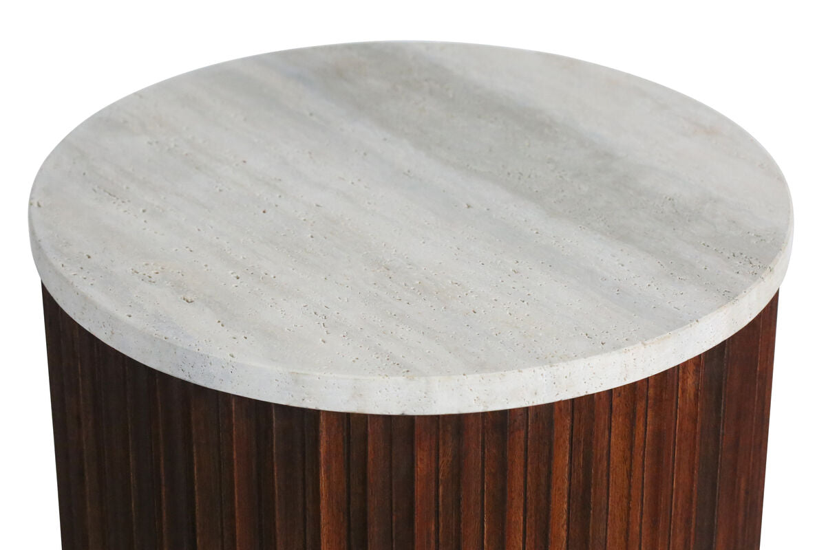 Large Travertine Top Brown Ridge Mango Wood Base Side Table | Matros
