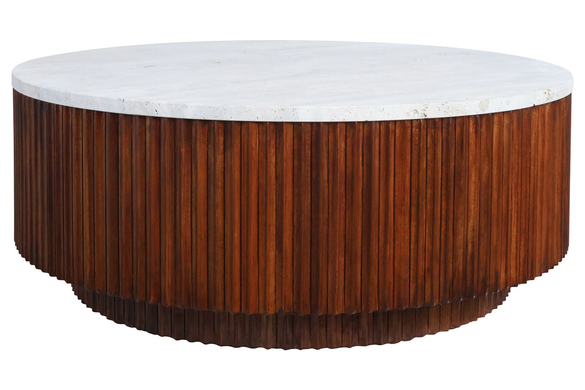 Travertine Top Brown Ridge Mango Wood Base Coffee Table | Molinos