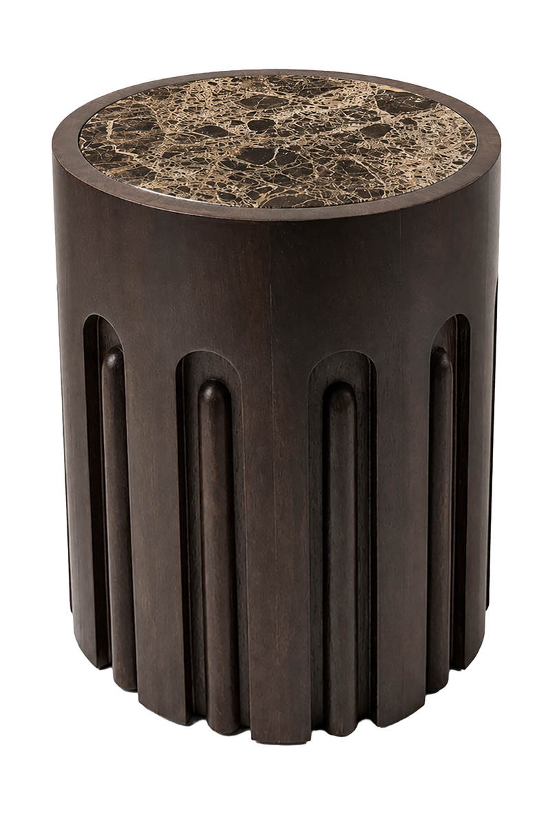 Round Marble Top Mango Wood Carve Detail Side Table | Barola