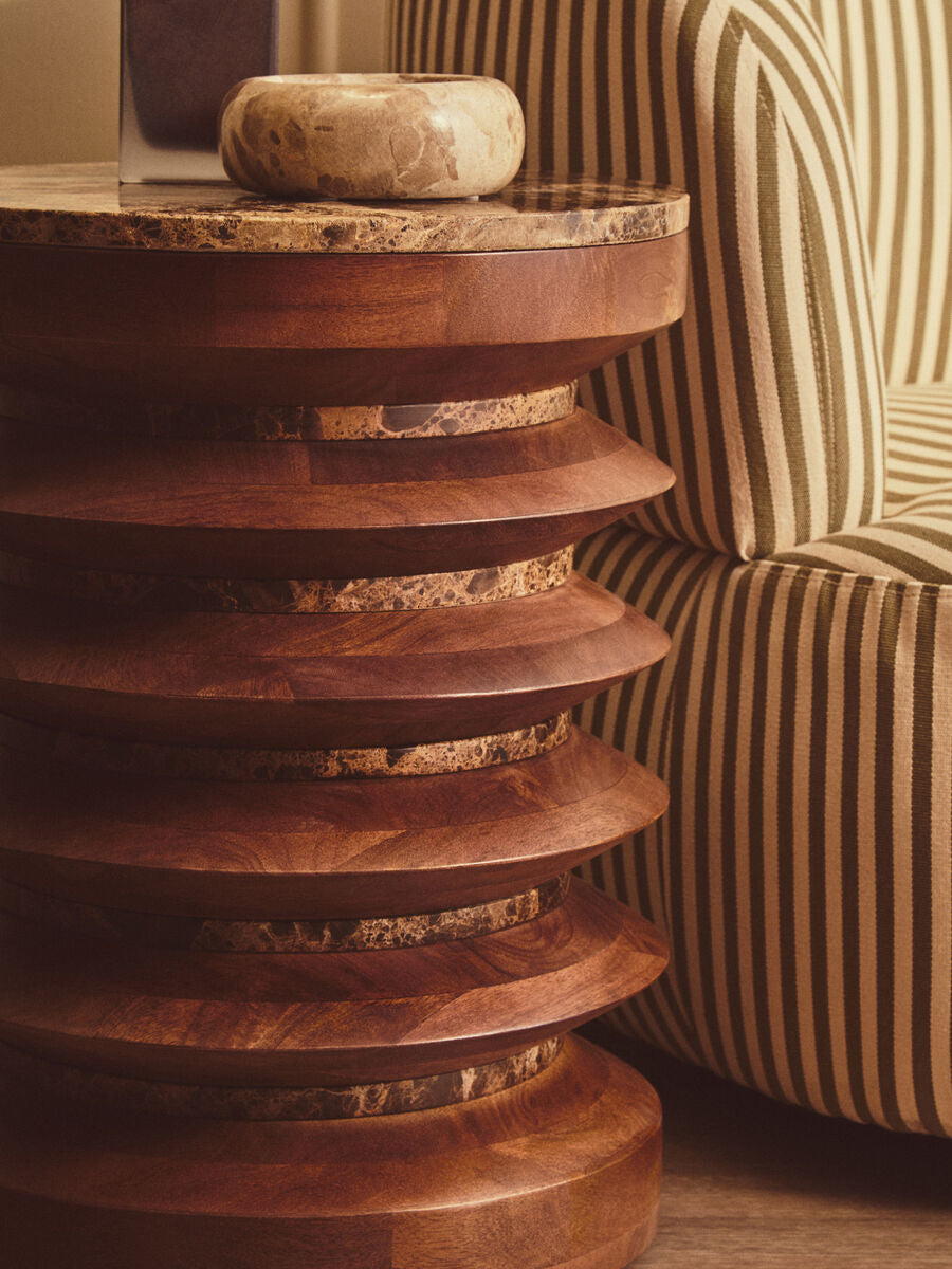 Barola Brown Marble and Mango Wood Round Side Table