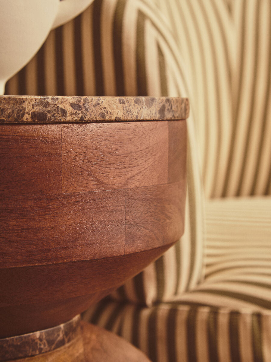 Barola Brown Marble and Mango Wood Round Tiered Side Table