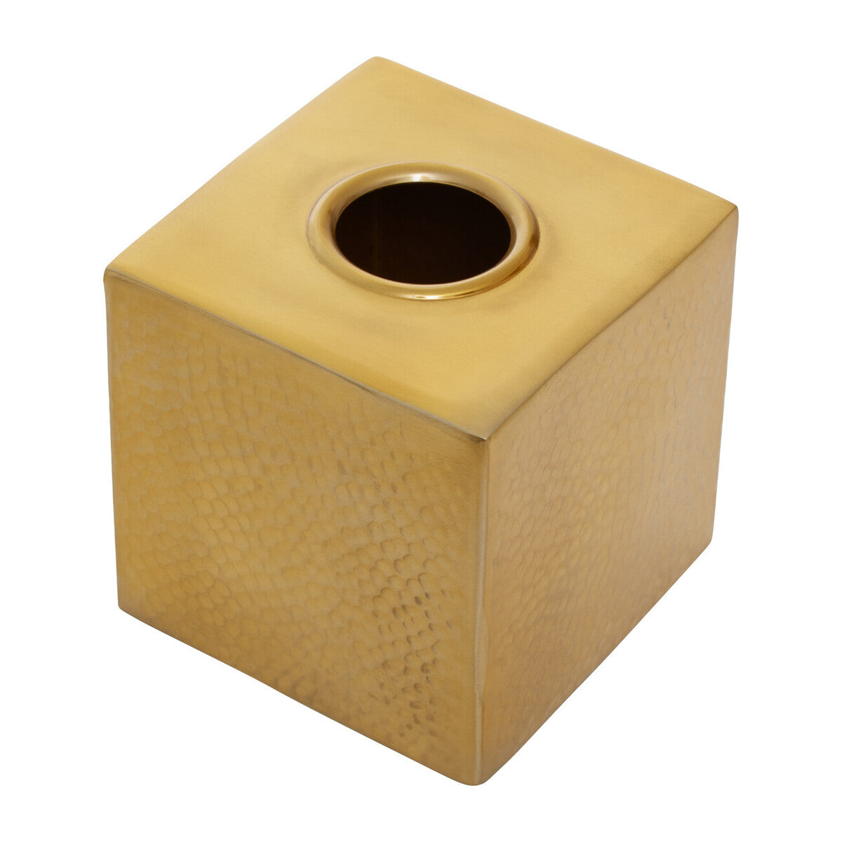 Gold square-shaped object with a circular opening on a white background