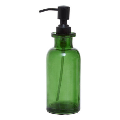 Green glass bottle with black pump dispenser on a white background