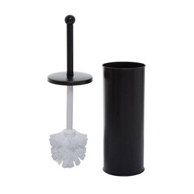 Black toilet brush holder with a white brush on a white background