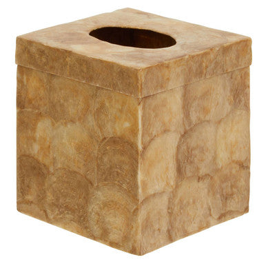 Square tissue box cover with a textured beige pattern on a white background