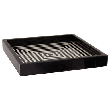 Black decorative tray with geometric pattern on a white background