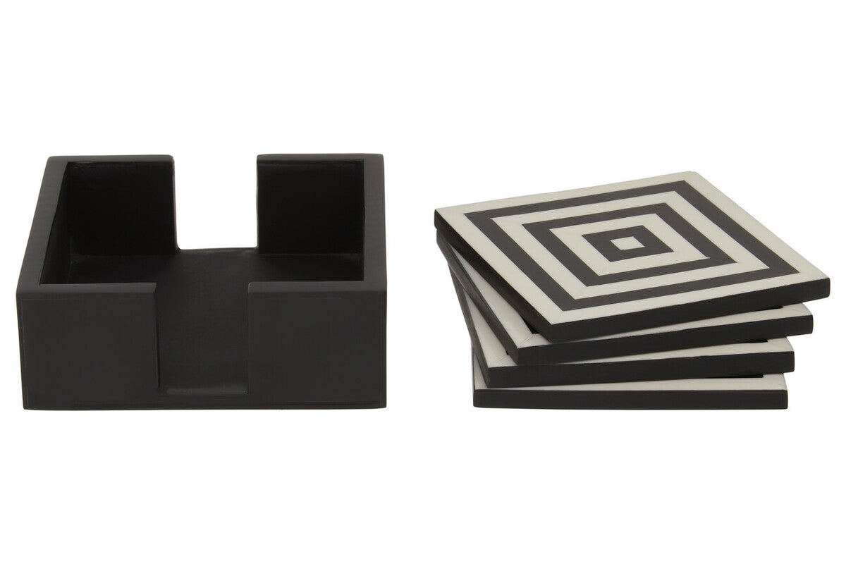 Donato Set of 4 Black and White Stripe Coasters with Holder