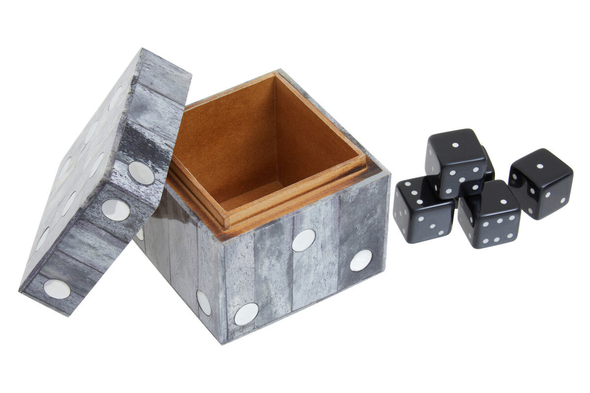 Dice-shaped container with wooden interior and black dice on a white background