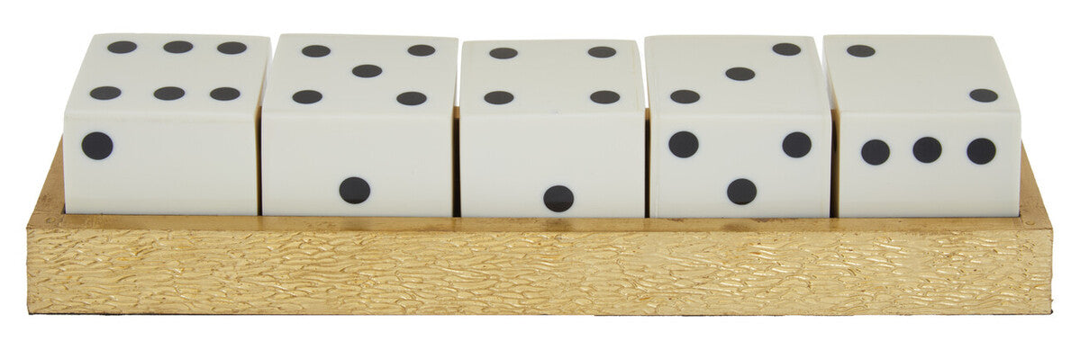 Set of six dice on a wooden stand