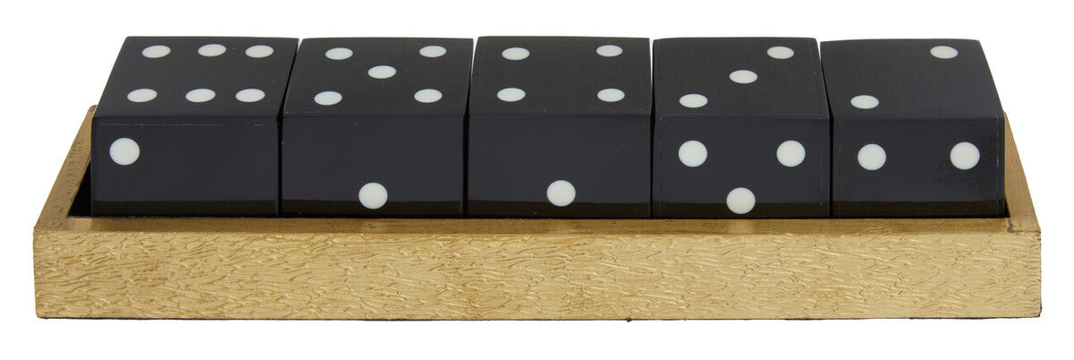 Set of six black dice with white dots in a wooden holder on a white background
