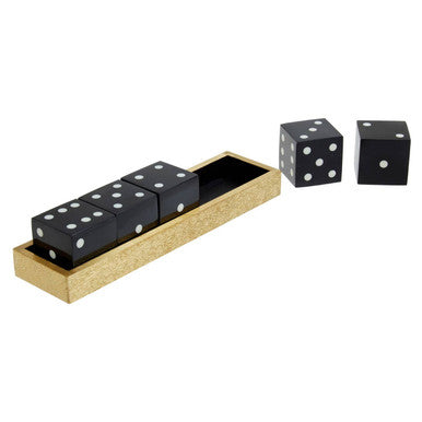 Set of black dice with white pips in a wooden box on a white background
